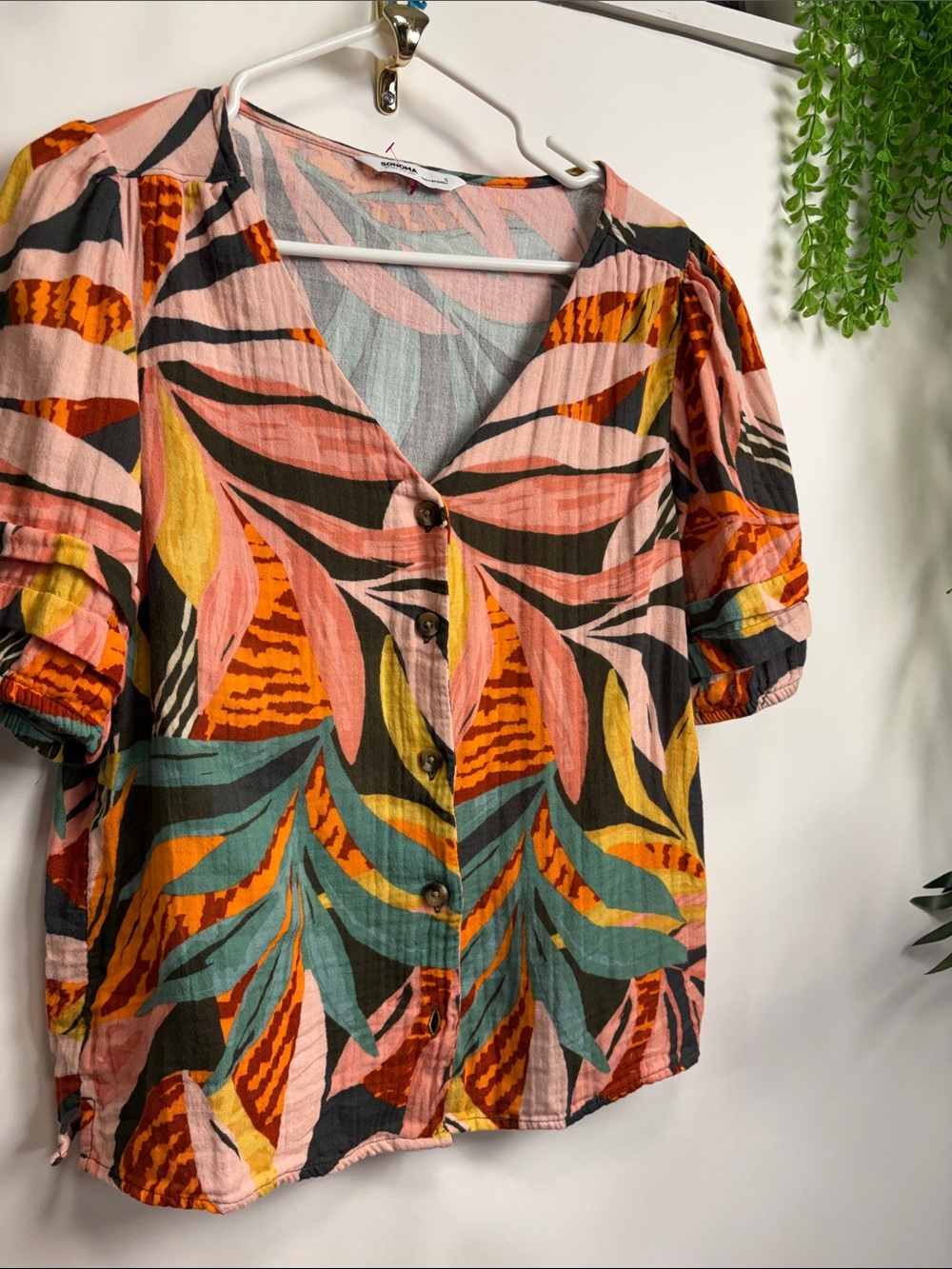 Sonoma Cotton Multicolor Tropical Print Short-Sleeve Blouse